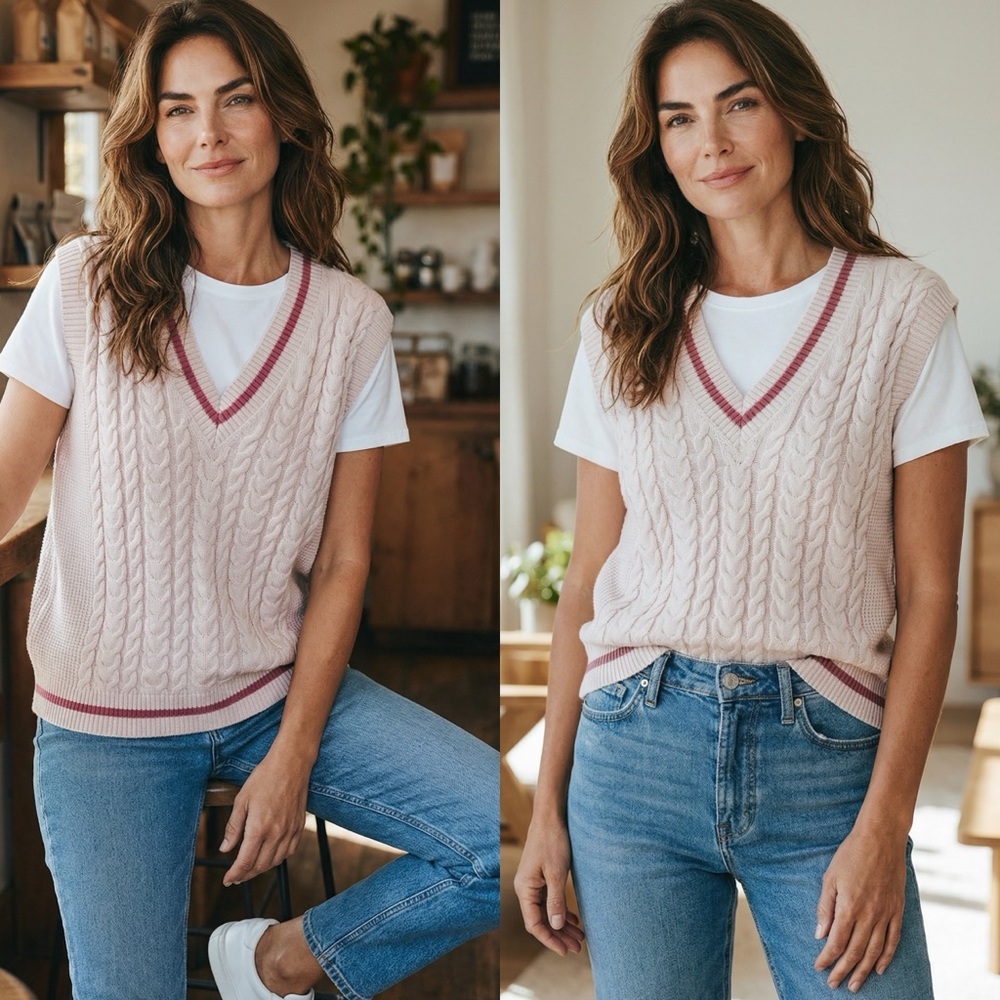 ARITZIA Sunday Best Striped Pink Cable Knit Sleeveless Sweater Cotton Vest Top
